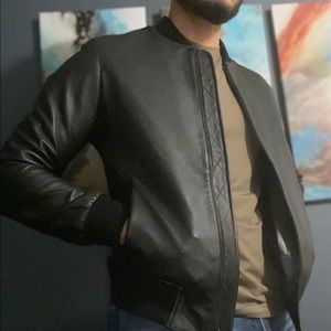 Black leather bomber jacket